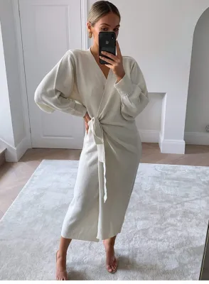 Western Elegant Solid Plain Knitted Wrapped Long Dress