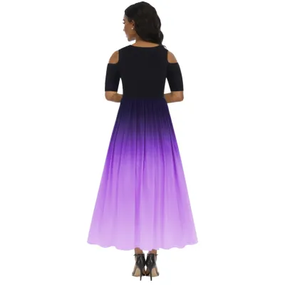 Cut Out Shoulder Short Sleeve Gradient Long Dress