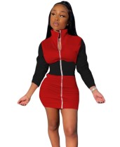 Contrast Color Turtleneck Zip Up Bodycon Dress