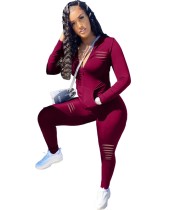 Autumn Solid Plain Fitted Sexy Ripped Hoodie Tracksuit