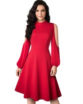 Solid Plain Retro O-Neck Skater Dress with Cut Out Sleeves
