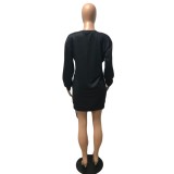 Autumn Print Black Side Slit Zipper Shirt Dress