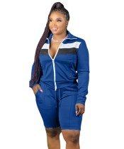 Plus Size Stripes Top and Shorts Zipper Tracksuit