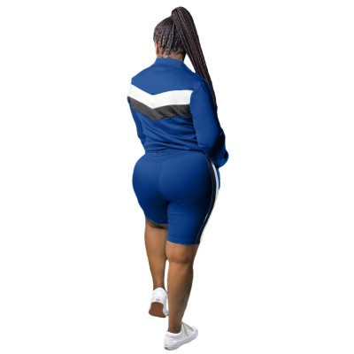 Plus Size Stripes Top and Shorts Zipper Tracksuit