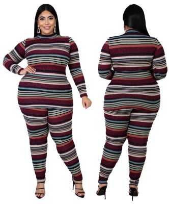 Plus Size Stripes Matching Shirt and Pants Set