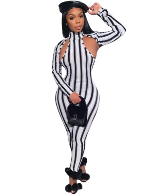 Stripes Print Turtleneck Cut Out Bodycon Jumpsuit