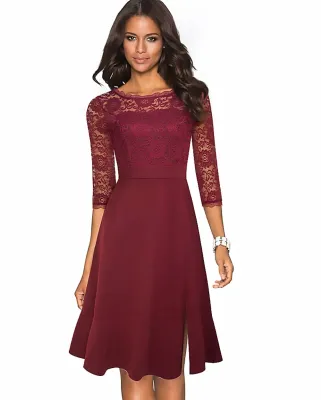 Solid Plain Lace Upper Retro Skater Dress