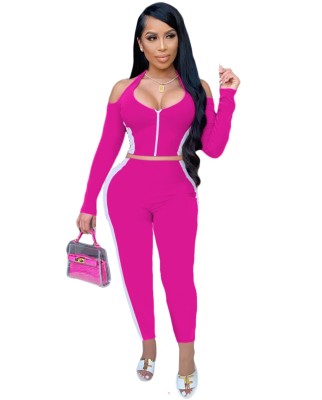 Contrast Color Fitted Cut Out Crop Top and Pants Set