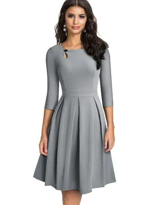 Solid Plain Retro O-Neck Pleated Skater Dress
