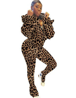 Leopard Print Long Sleeve Hoodie Tracksuit