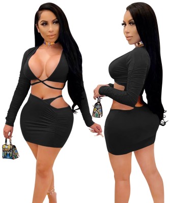 Party Sexy Solid Color Wrapped Crop Top and Mini Skirt Set