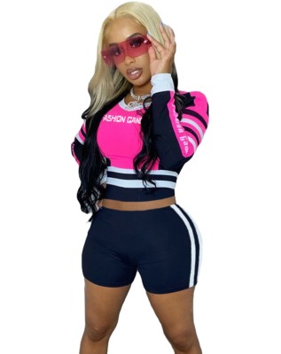 Sports Fitness Contrast Color Crop Top and Shorts Set