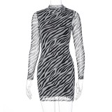 Zebra Print Sexy Long Sleeve Mini Club Dress