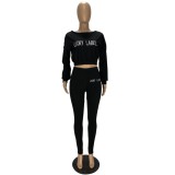 Letter Print Long Sleeve Crop Top and High Waist Pants Set