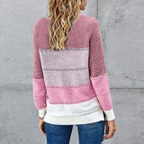 Contrast Color Hollow Out Round Neck Pullover Sweater
