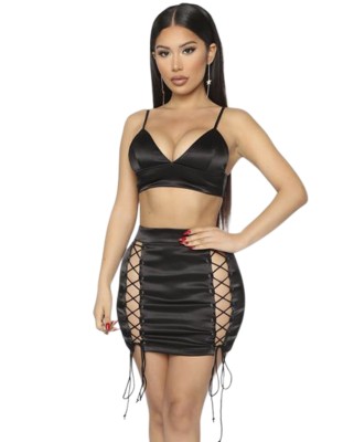 Party Black Sexy Bra and Lace Up Skirt Set