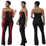 Sexy Strapless Striped Jumpsuit with Belt