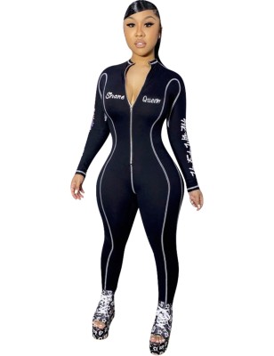 Sports Fitness Print Zip Up Ling Sleeve Jumpsuit