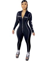 Sports Fitness Print Zip Up Ling Sleeve Jumpsuit