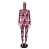 Character Print Sexy Long Sleeve Bodycon Jumpsuit
