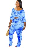 Autumn Tie Dye Blue Shirt and Ruched Pants Set