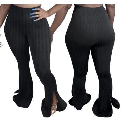 Fit-and-Flare Slit Bottom High Waist Plain Trousers
