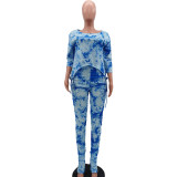 Autumn Tie Dye Blue Shirt and Ruched Pants Set