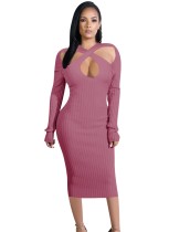 Autumn Cut Out Pink Knitted Midi Dress