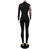 Black Print Cut Out Long Sleeve Bodycon Jumpsuit