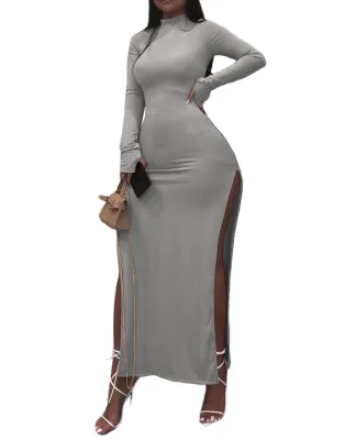 Autumn Solid Plain Long Sleeve Slit Long Dress