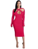 Autumn Cut Out Pink Knitted Midi Dress