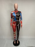 Autumn Tie Dye Patchwork See Through Bodycon Jumpsuit
