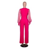Formal Solid Color V-Neck Puff Sleeve Jumpsuit with Belt
