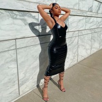 Sexy Strap Leather Midi Dress
