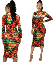 Autumn Snack Print Midi Dress with Full Sleeves
