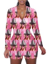 Autumn Character Print Pink Bodycon Rompers