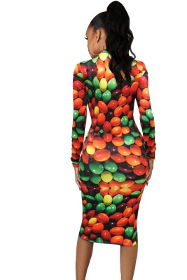 Autumn Snack Print Midi Dress with Full Sleeves