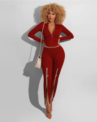 Autumn Sexy Two Piece Zipper Crop Top and Pants Set