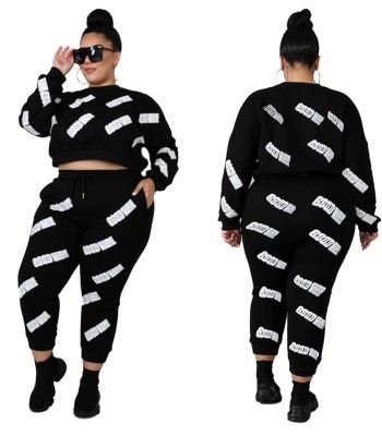 Plus Size Autumn Print Black Crop Top and Track Pants Set