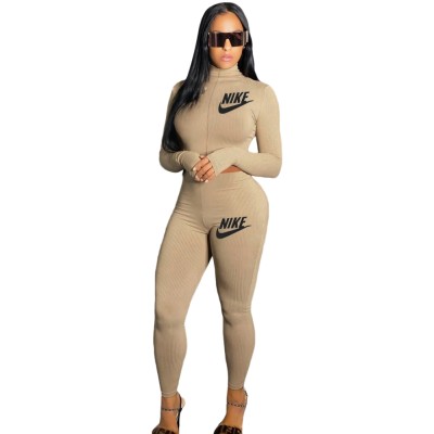 Sports Fitness Logo Print Zipper Crop Top and High Waist Pants Set