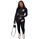 Sports Fitness Logo Print Zipper Crop Top and High Waist Pants Set