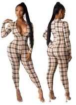 Autumn Plaid Print Long Sleeve Zipper Bodycon Jumpsuit