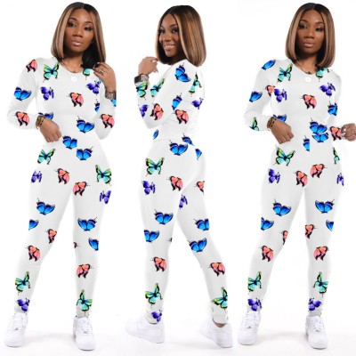 Autumn Butterfly Print Two Piece Tight Pants Set