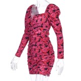 Autumn Tie Dye Floral Vintage Mini Dress with Full Sleeves