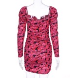 Autumn Tie Dye Floral Vintage Mini Dress with Full Sleeves