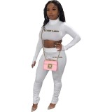 Autumn Matching Print Letter Tight Crop Top and Stack Pants Set