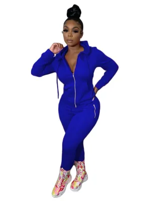 Solid Color Long Sleeves Pocketed Hoodie Tracksuit