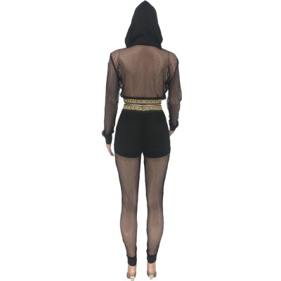 Party Sexy Fishnet Hoody Crop Top and High Waist Pants Set
