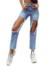 Stylish Blue Cutout High Waist Straight Jeans