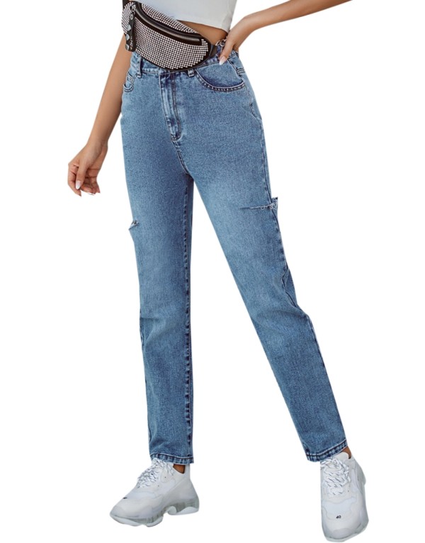 Stylish Blue Ripped High Waist Regular Jeans